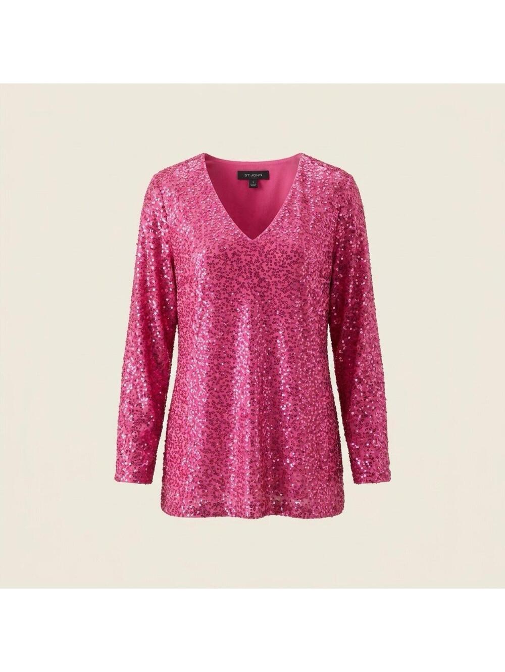 ST JOHN COLLECTION Pink Mesh Sequin Embellished Silk Lined Top Size 6
